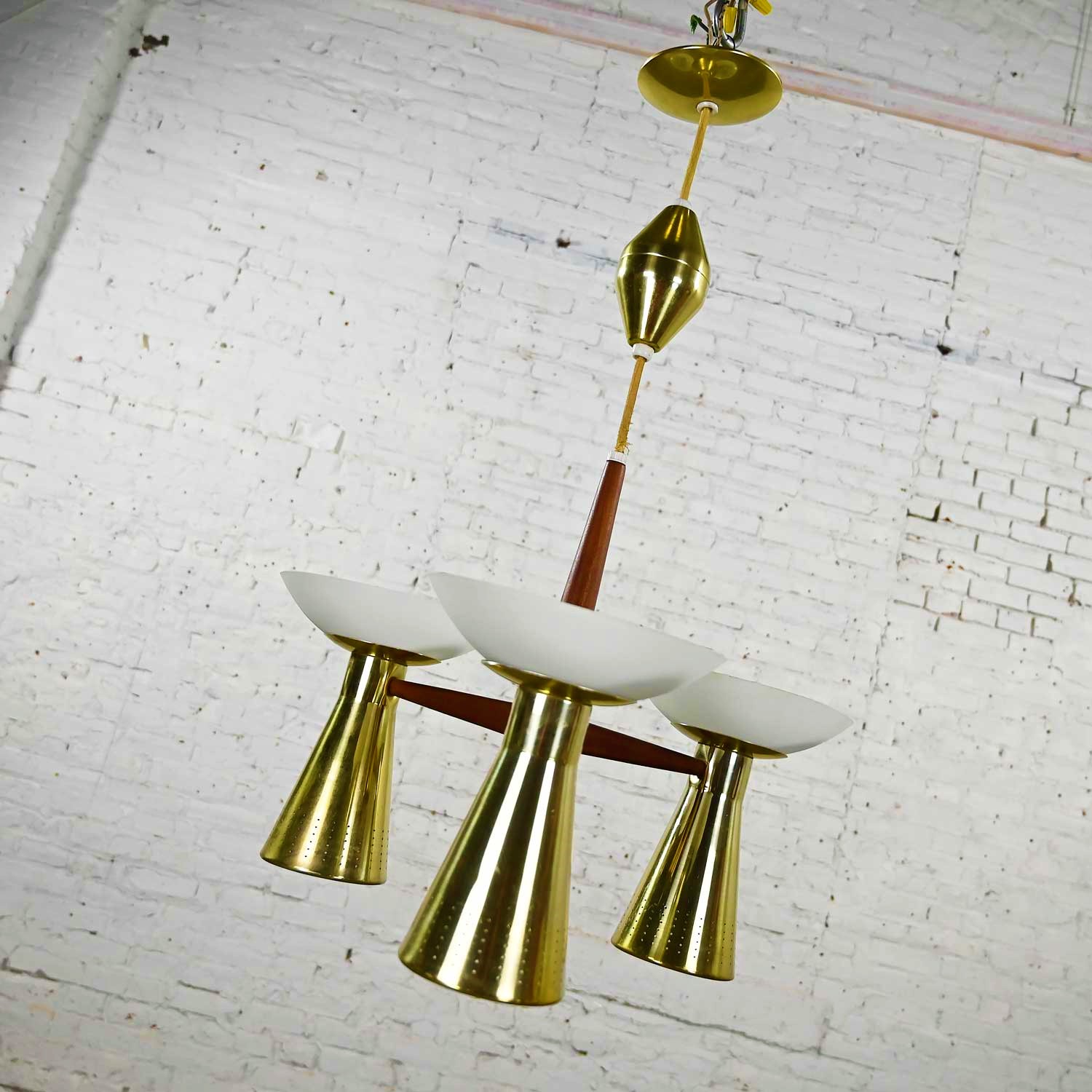 MCM Emerson Pull Down Pendant Light Fixture by Imperialites Walnut Brass Plate & White Glass Bowl Shades
