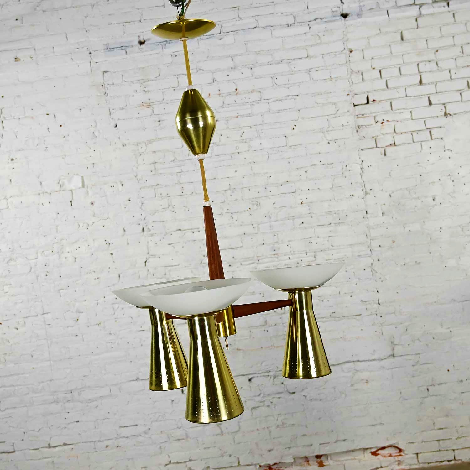 MCM Emerson Pull Down Pendant Light Fixture by Imperialites Walnut Brass Plate & White Glass Bowl Shades