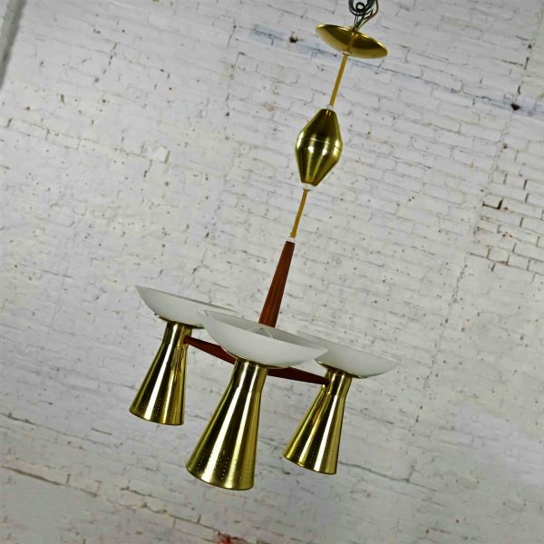 MCM Emerson Pull Down Pendant Light Fixture by Imperialites Walnut Brass Plate & White Glass Bowl Shades