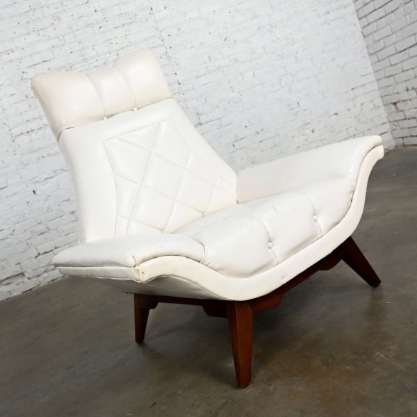 MCM White Faux Leather Walnut Base High Back Lounge Chair Style of Adrian Pearsall or Kroehler