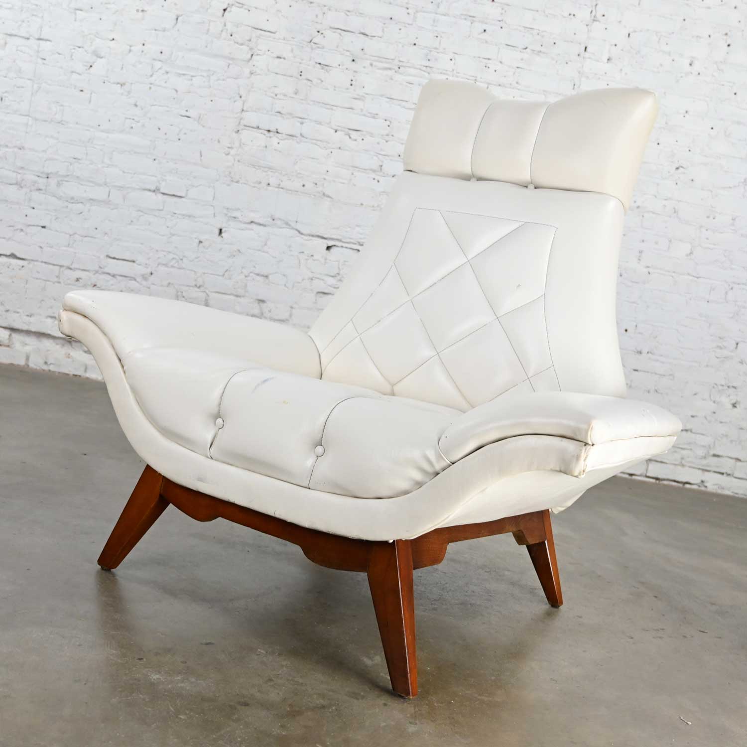 MCM White Faux Leather Walnut Base High Back Lounge Chair Style of Adrian Pearsall or Kroehler