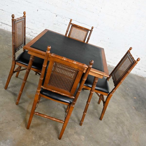 Vintage Campaign Style Faux Bamboo Folding Table & 4 Chairs Faux Leather Top and Seat Cushions