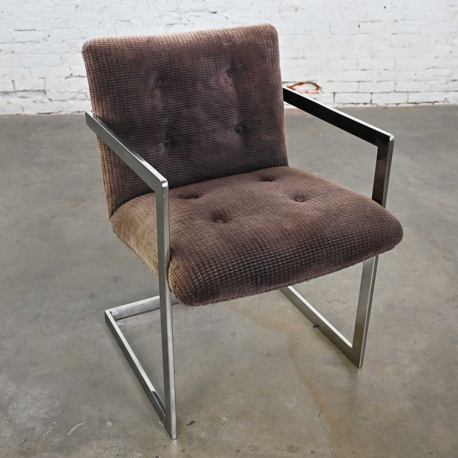 Vintage Modern Chrome & Brown Chenille Cantilever Chair in Style of Brno by Knoll