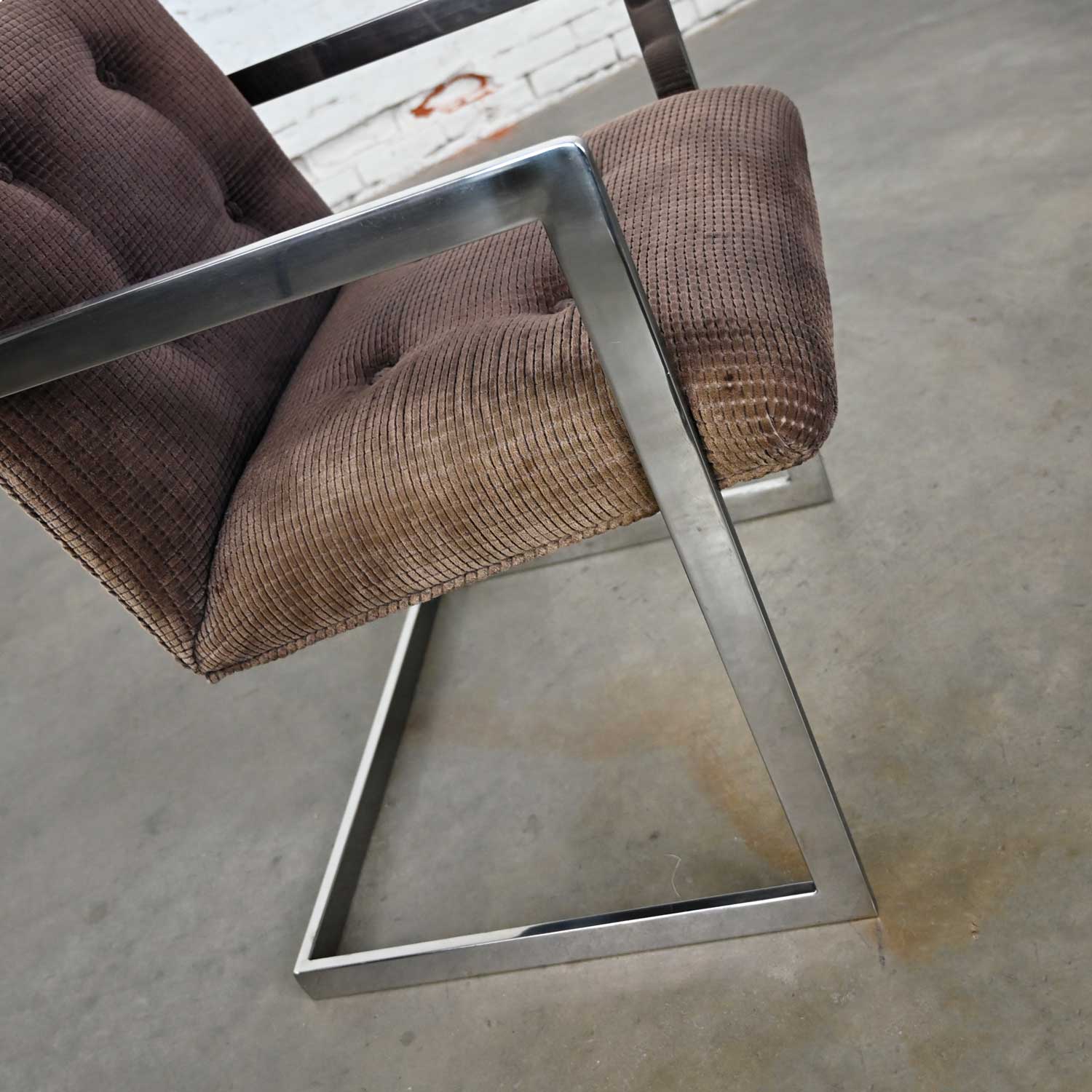 Vintage Modern Chrome & Brown Chenille Cantilever Chair in Style of Brno by Knoll