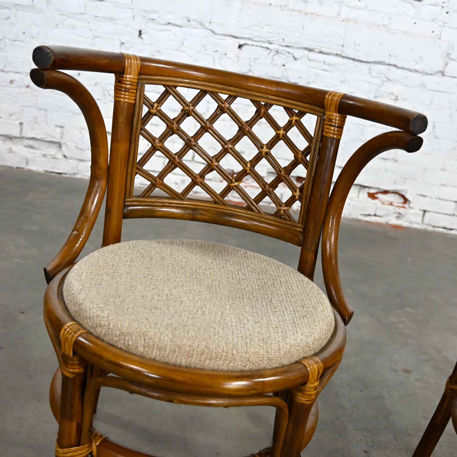 Vintage Rattan & Cane Pair of Side Chairs Woven Diamond Yoke Back Off-White Tweed Fabric