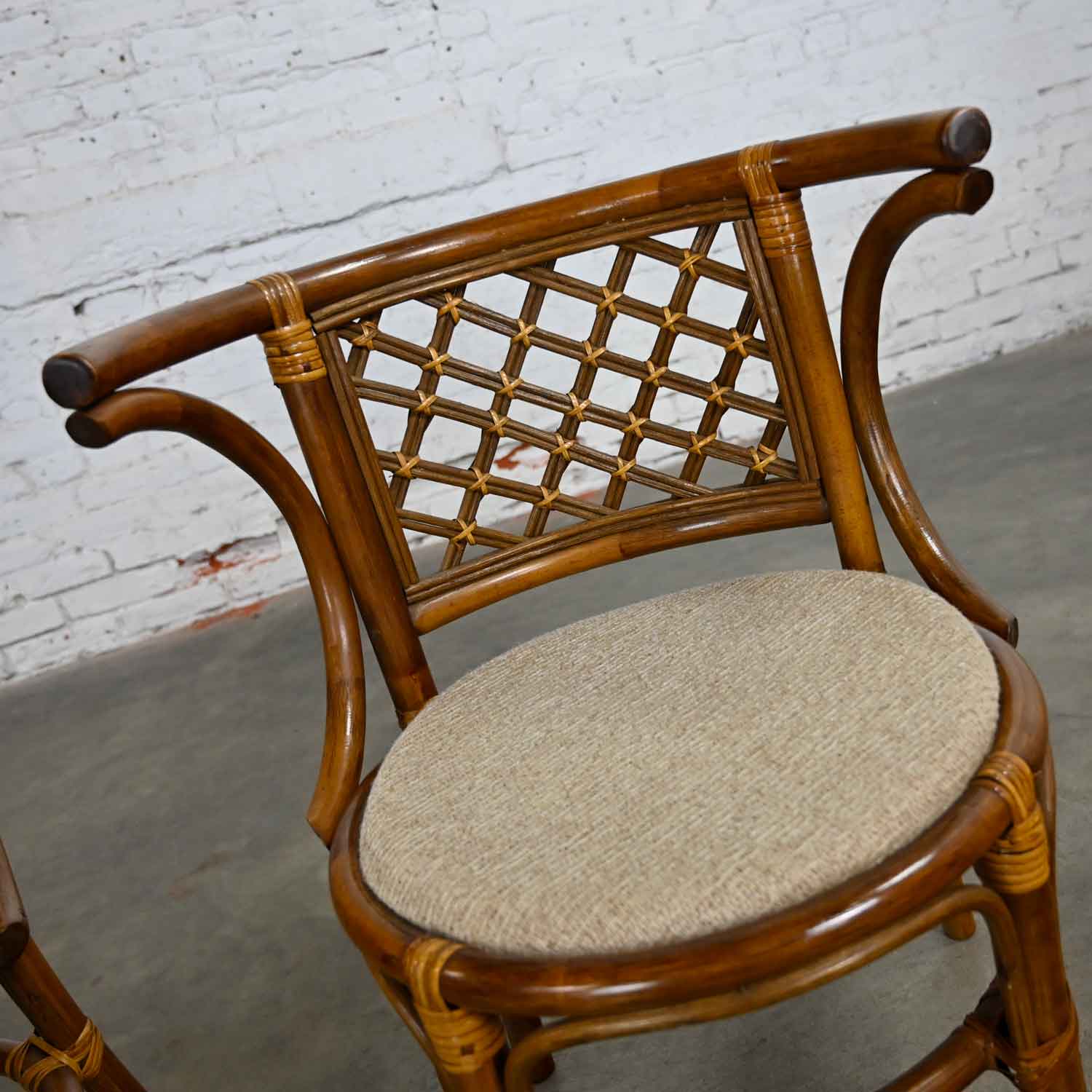 Vintage Rattan & Cane Pair of Side Chairs Woven Diamond Yoke Back Off-White Tweed Fabric