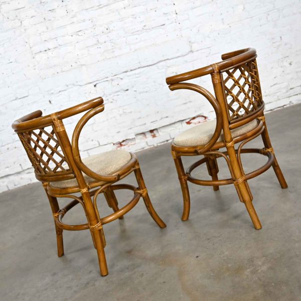 Vintage Rattan & Cane Pair of Side Chairs Woven Diamond Yoke Back Off-White Tweed Fabric