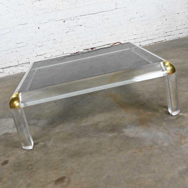 Monumental Lucite & Brass Square Coffee Table with Smoked Glass Top Attributed to Karl Springer