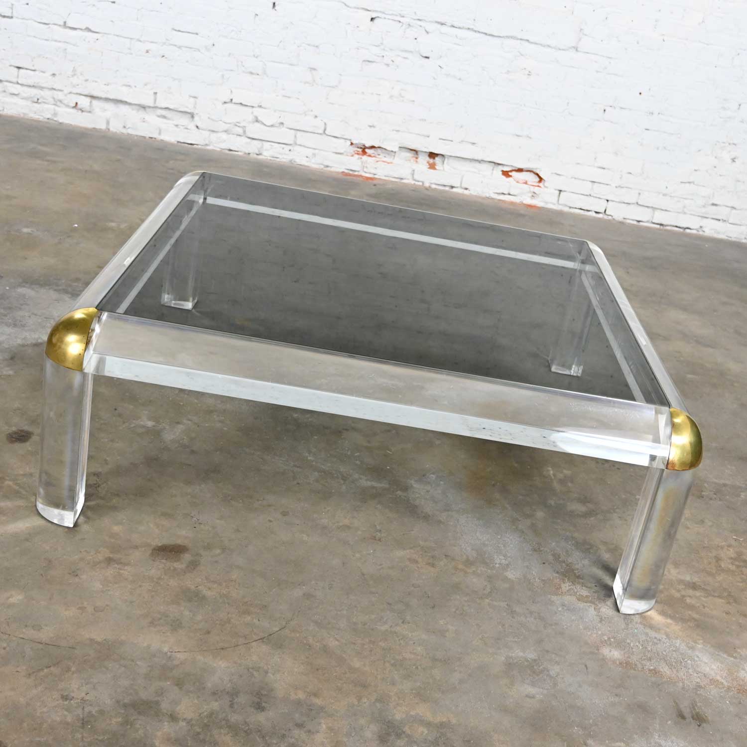 Monumental Lucite & Brass Square Coffee Table with Smoked Glass Top Attributed to Karl Springer
