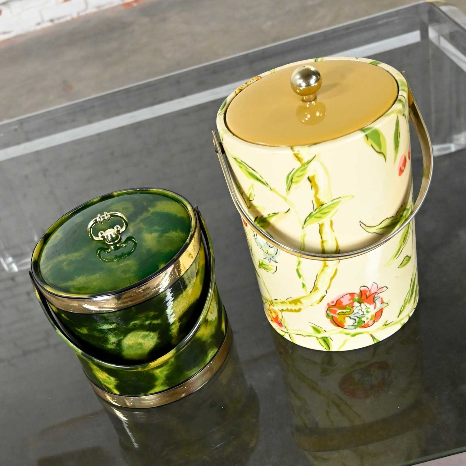 Vintage Pair Hollywood Regency Ice Buckets 1 Floral & 1 Green Vinyl with Brass Plate Knobs & Trim