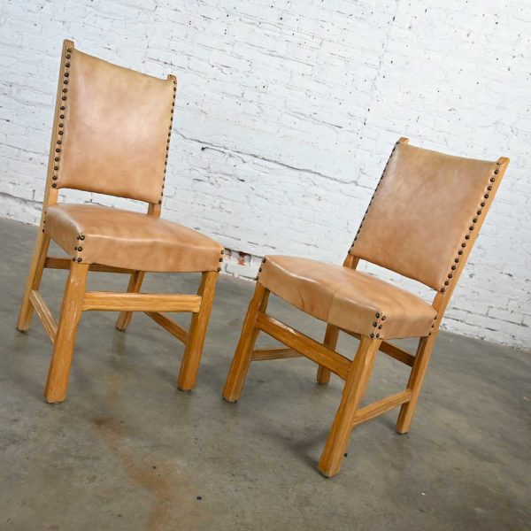 Pair of Side Chairs Beige Vinyl & Antiqued Brass Nail Head Trim Attributed to A. Brandt Ranch Oak