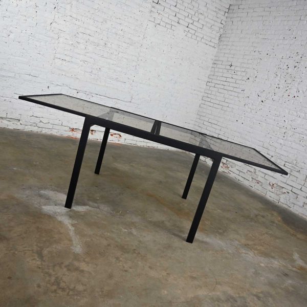 MCM to Modern Black Powder Coated Metal Smoked Glass Square Expanding Table Attributed to DIA