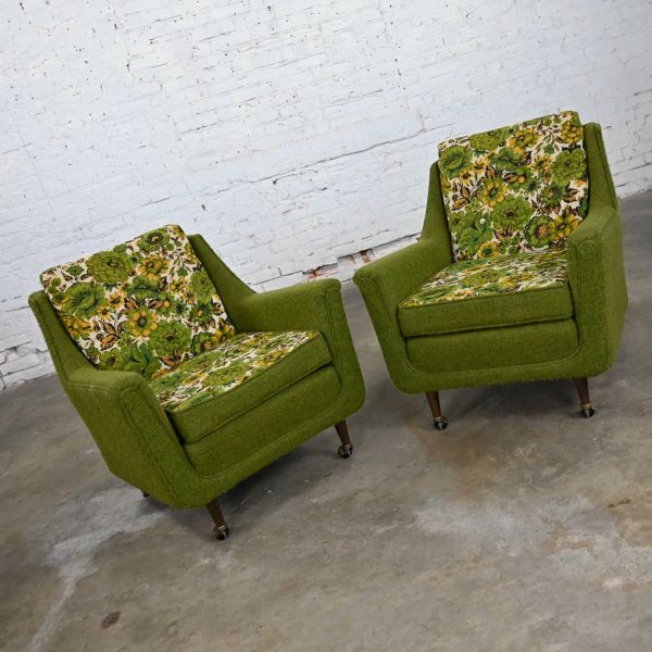 MCM Pair of Two-Toned Lounge Chairs by Mastercraft Original Green & Floral Fabric after Pearsall