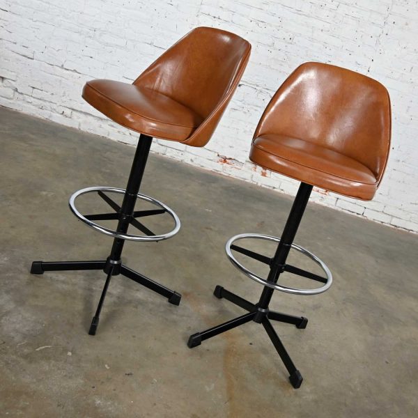 Vintage Modern Cosco Counter or Bar Stools Cognac Vinyl & Chrome 4 Height Adjustments a Pair