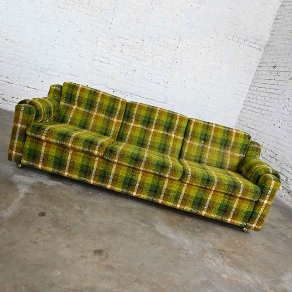 Mid-Century Modern Original Green & Gold Plaid Sofa by Mastercraft Modified Lawson Style