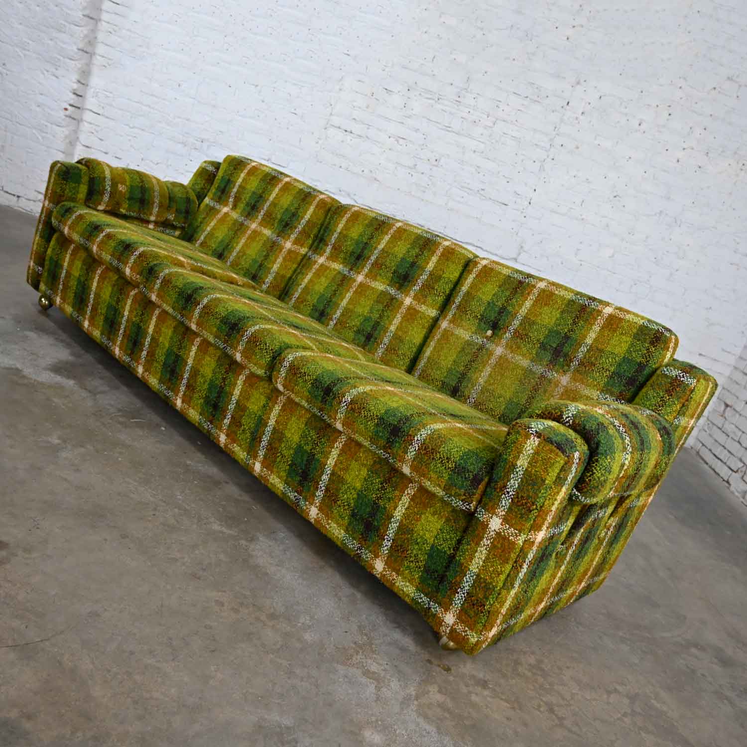 Mid-Century Modern Original Green & Gold Plaid Sofa by Mastercraft Modified Lawson Style