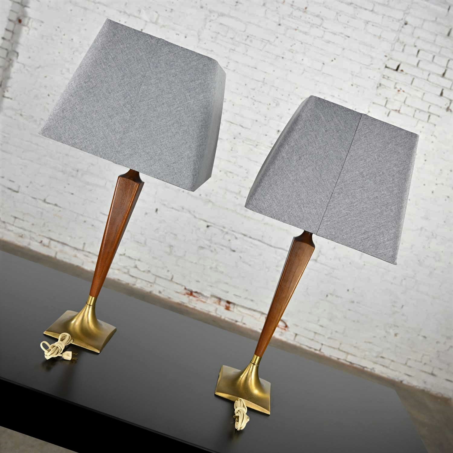 Vintage MCM Walnut & Brass Plate Pair of Lamps New Gray Square Tapered Shades