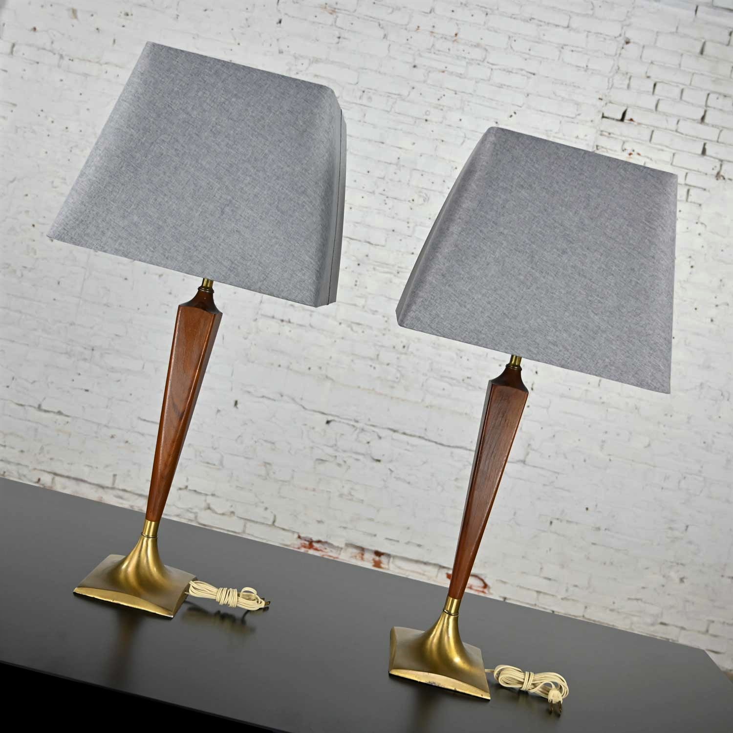 Vintage MCM Walnut & Brass Plate Pair of Lamps New Gray Square Tapered Shades