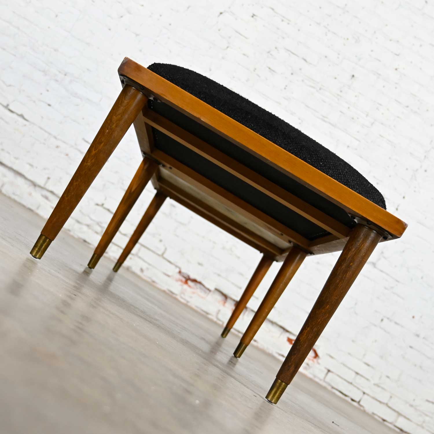 Mid-Century Modern Coffee Table Bench Combo Italian Carrera Marble & Black Hopsacking Top