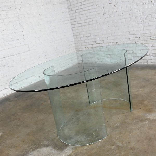 All Glass Modern Dining Table Semi-Circle Dual Pedestal Bases & Elliptical Top