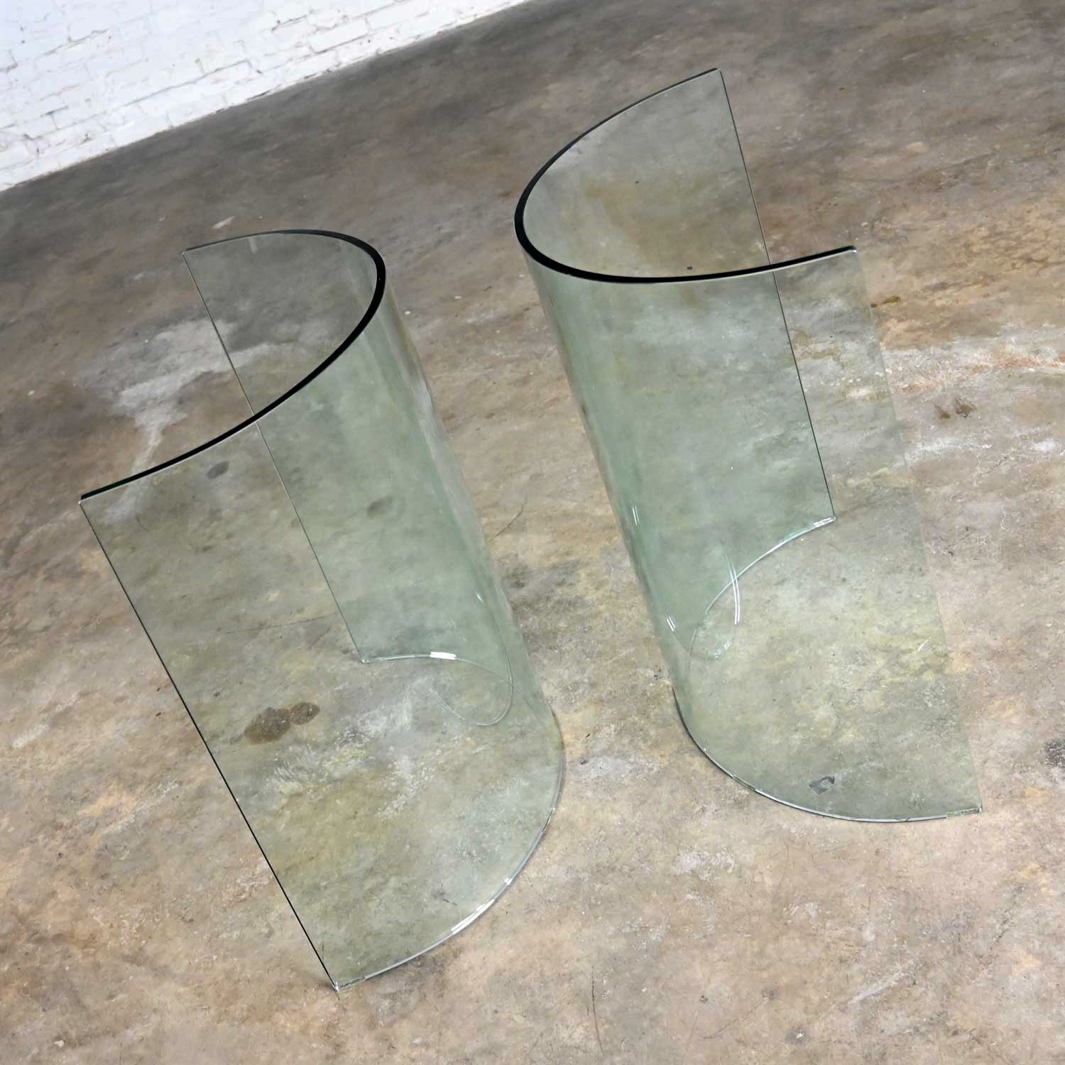 All Glass Modern Dining Table Semi-Circle Dual Pedestal Bases & Elliptical Top