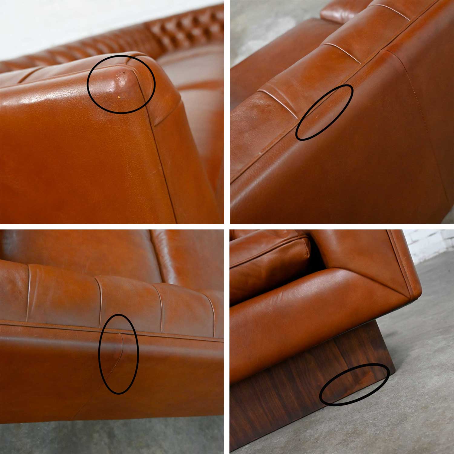 Stow & Davis Cognac Leather Modern Tuxedo Chesterfield Style Tufted Sofa with Walnut Plinth Base