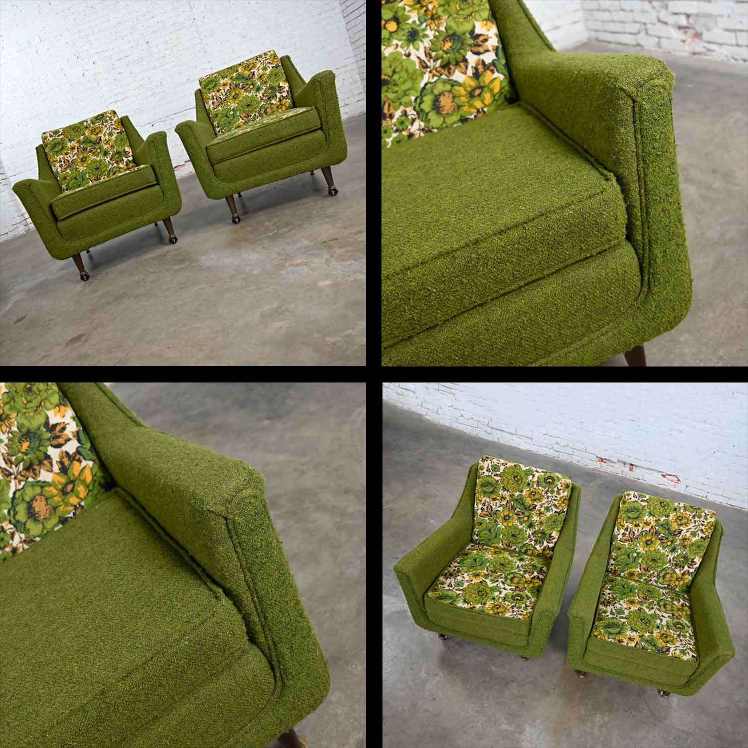 MCM Pair of Two-Toned Lounge Chairs by Mastercraft Original Green & Floral Fabric after Pearsall