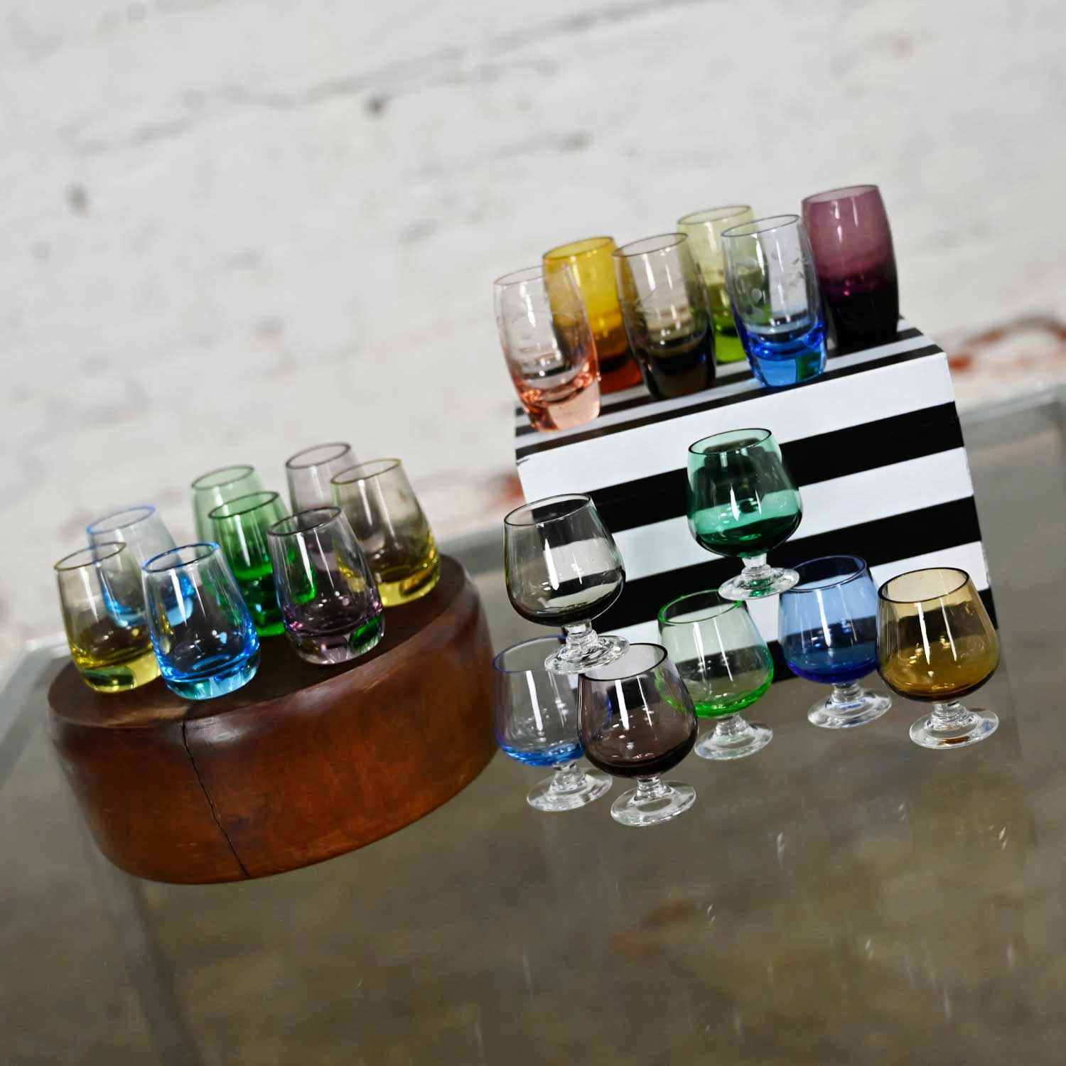 Vintage Set of 21 Blown Glass Multi Color Small Cocktail Snifters Cordials or Shot Glasses 3 Sizes