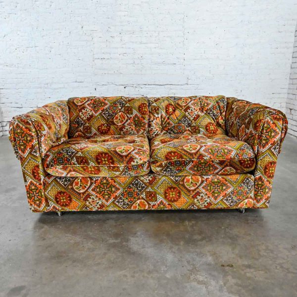 Vintage Modern Orange & Gold Geometrical Patterned Floral Patchwork Modern Tuxedo Style Love Seat by Maddox Furniture for J.C. Penney.