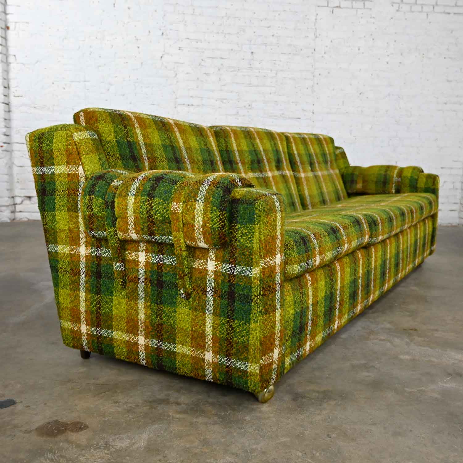 Mid-Century Modern Original Green & Gold Plaid Sofa by Mastercraft Modified Lawson Style