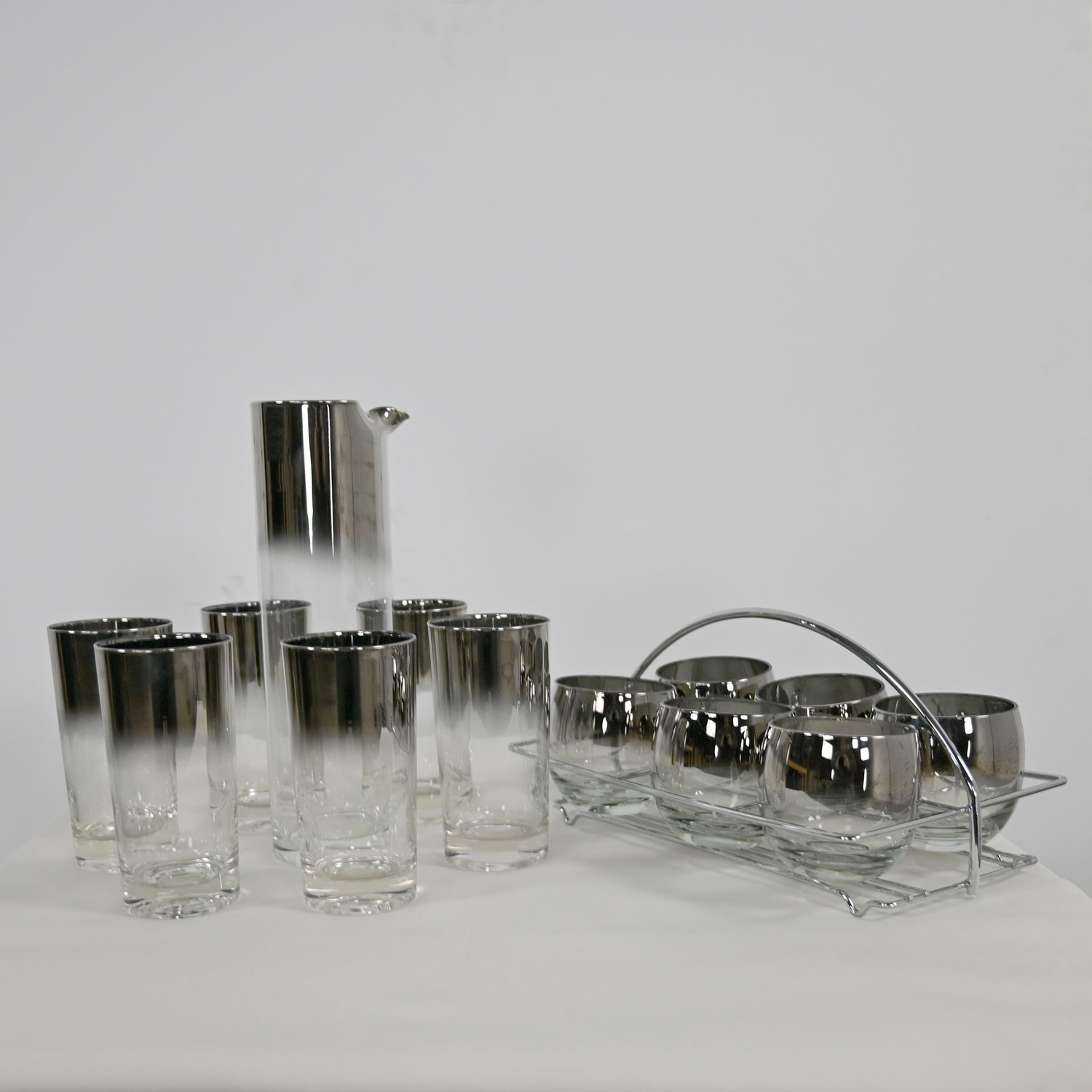 Vintage Silver Rimmed Ombre 14 Piece Cocktail Glassware Set Collins & Roly Polys & Pitcher Attributed to Dorothy Thorpe