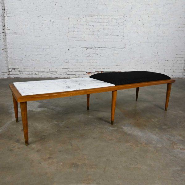 Mid-Century Modern Coffee Table Bench Combo Italian Carrera Marble & Black Hopsacking Top