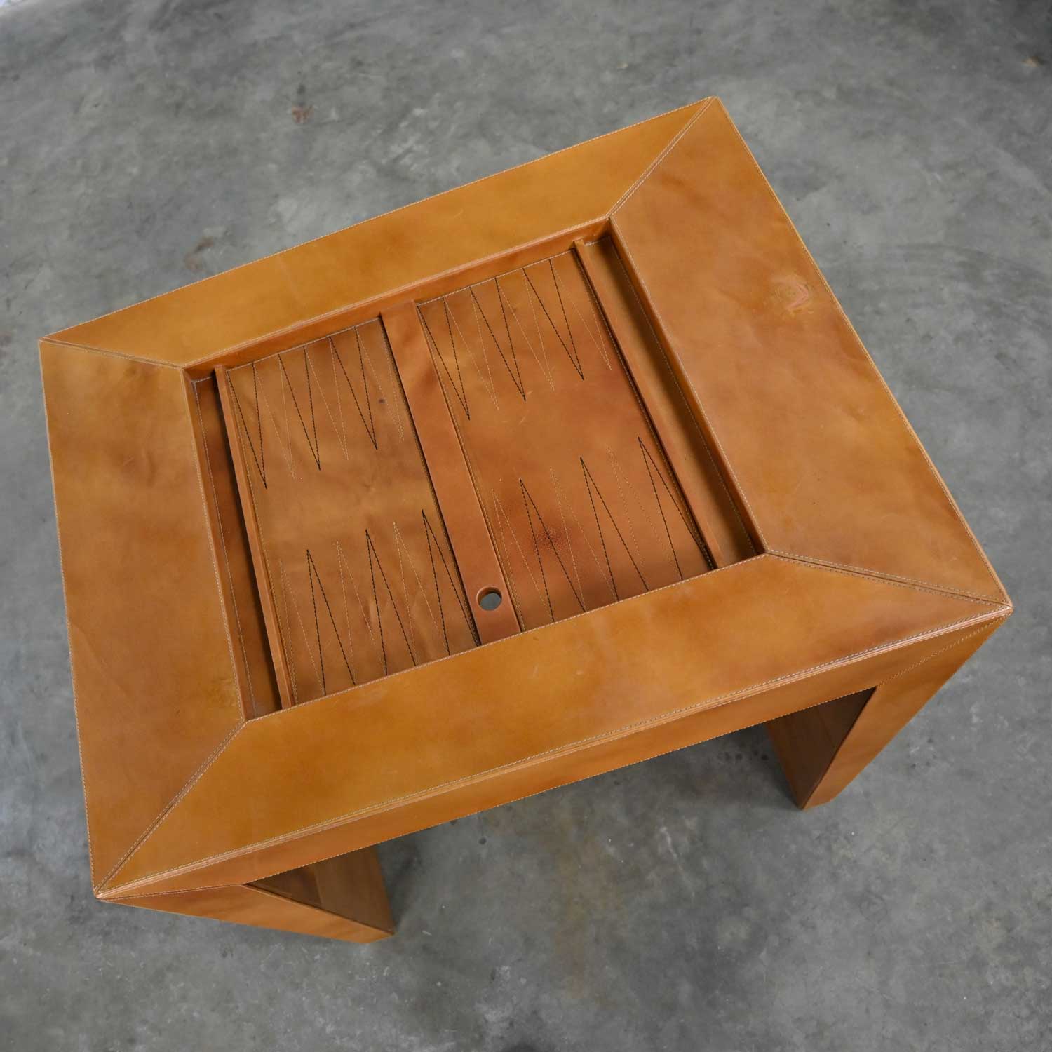 Modern to Post Modern Cognac Leather Game Table with Angled Legs from India