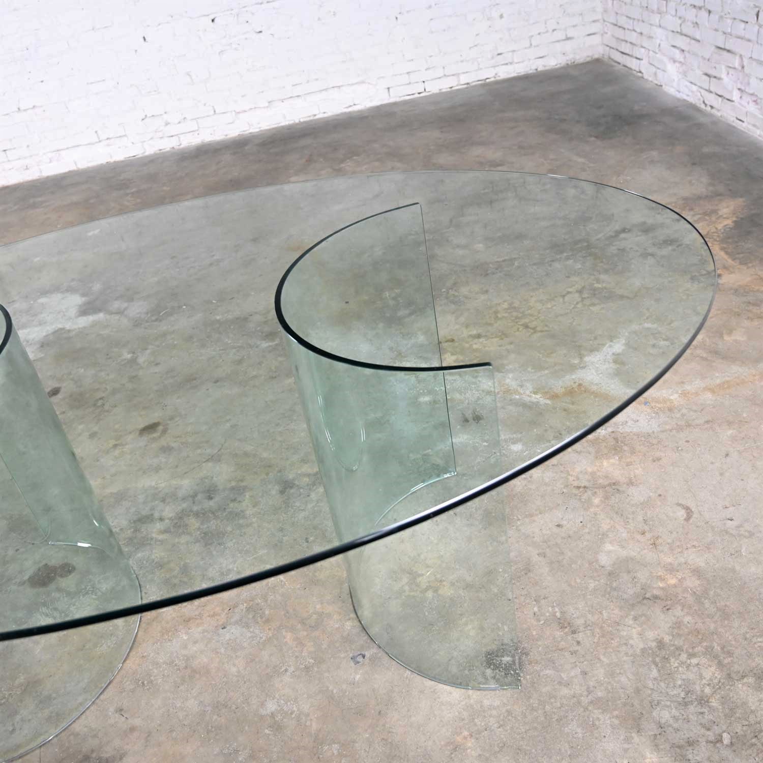 All Glass Modern Dining Table Semi-Circle Dual Pedestal Bases & Elliptical Top