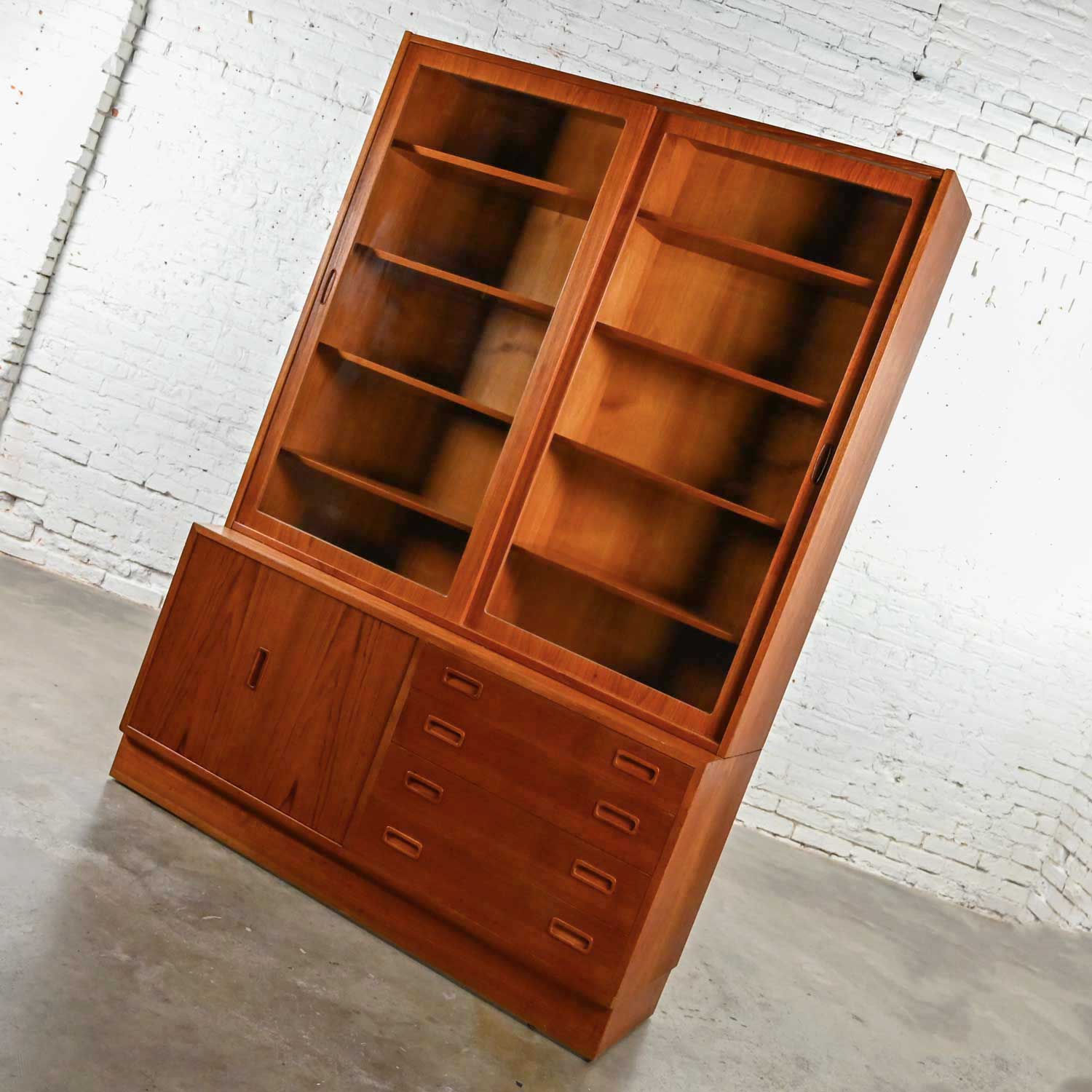 Vintage Poul Hundevad Scandinavian Modern Teak 2 Piece China Hutch Cabinet Bookcase