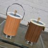 Vintage Mid-Century Modern Pair Kromex Ice Buckets 1 Light 1 Dark Woodgrain Textured Metal