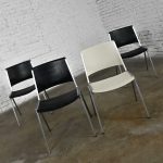 Vintage Aluminum Steelcase Stacking Chairs Model #1278 1 White 3 Black Set of 4