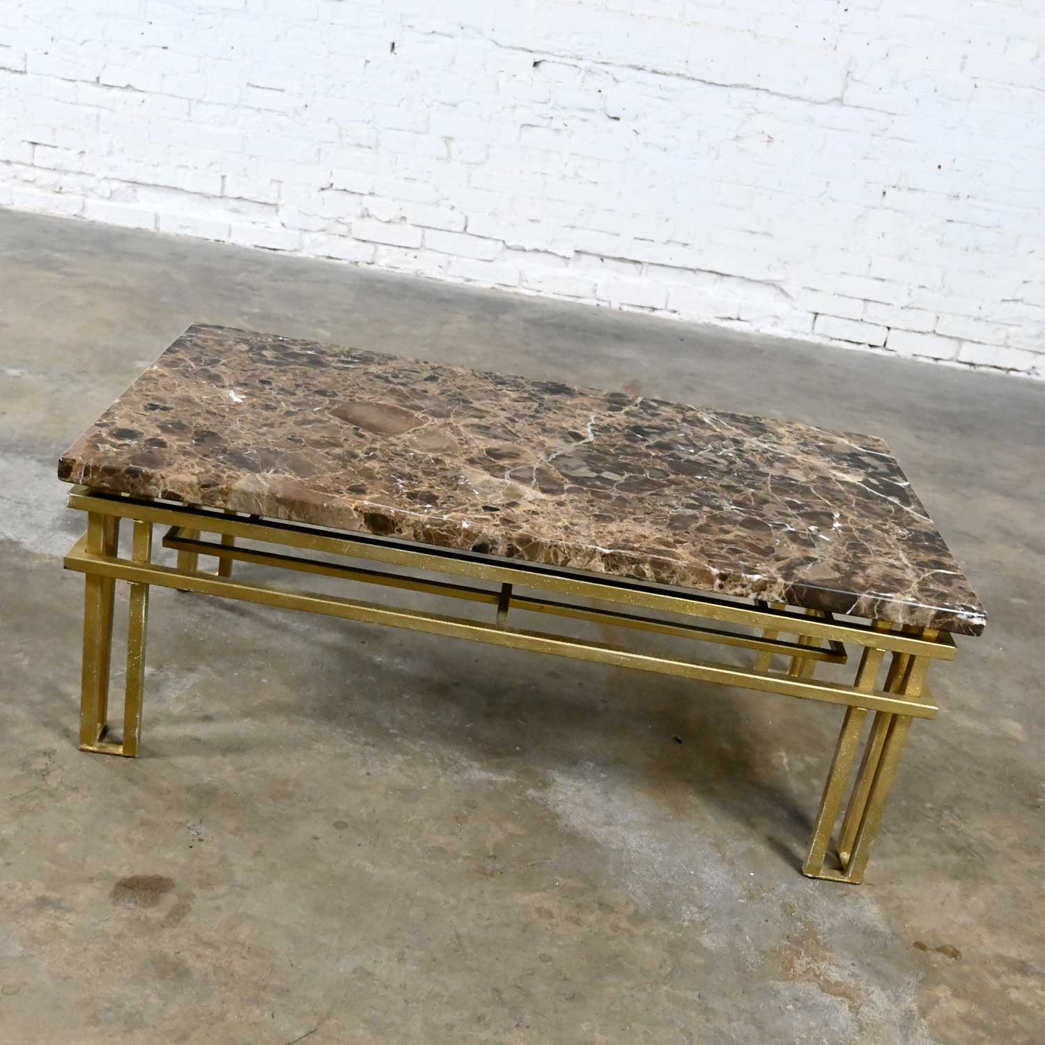 Art Deco Style Gold Painted Steel Tube Rectangle Coffee Table Glass or Brown Marble Top