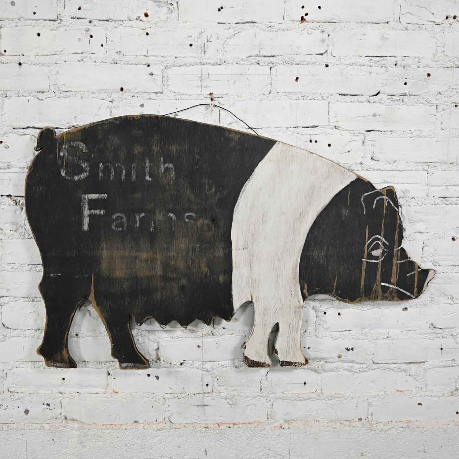 Vintage Folk Art Black & White Hampshire Pig Smith Farms Plywood Sign Wall Decor