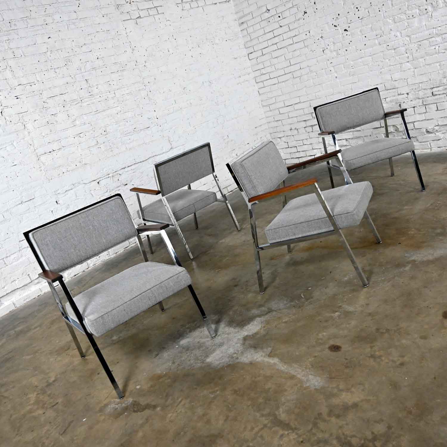 Mid-Century Modern Industrial Style Chrome & Gray Armchairs by Steelcase set of 4