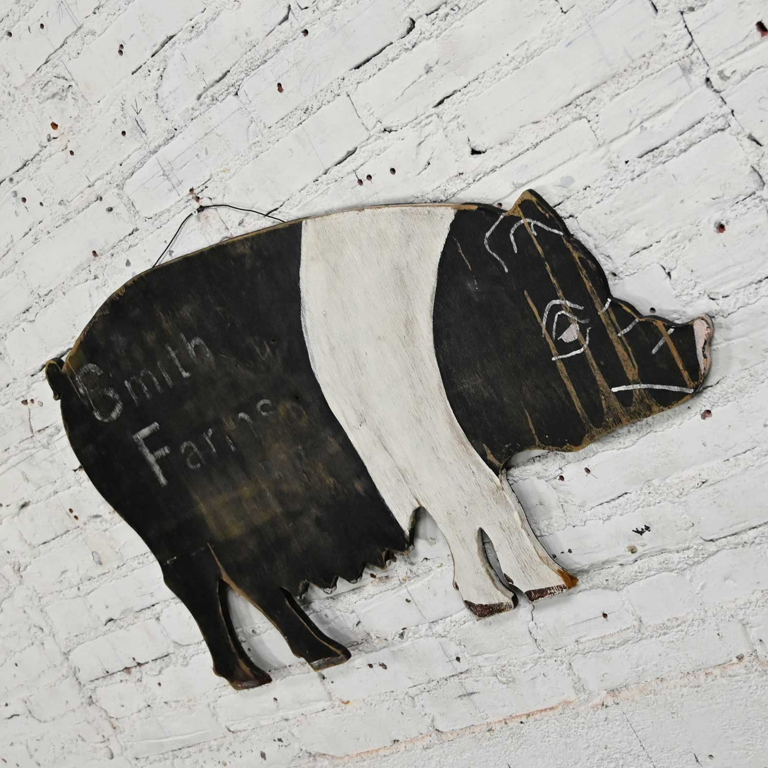 Vintage Folk Art Black & White Hampshire Pig Smith Farms Plywood Sign Wall Decor