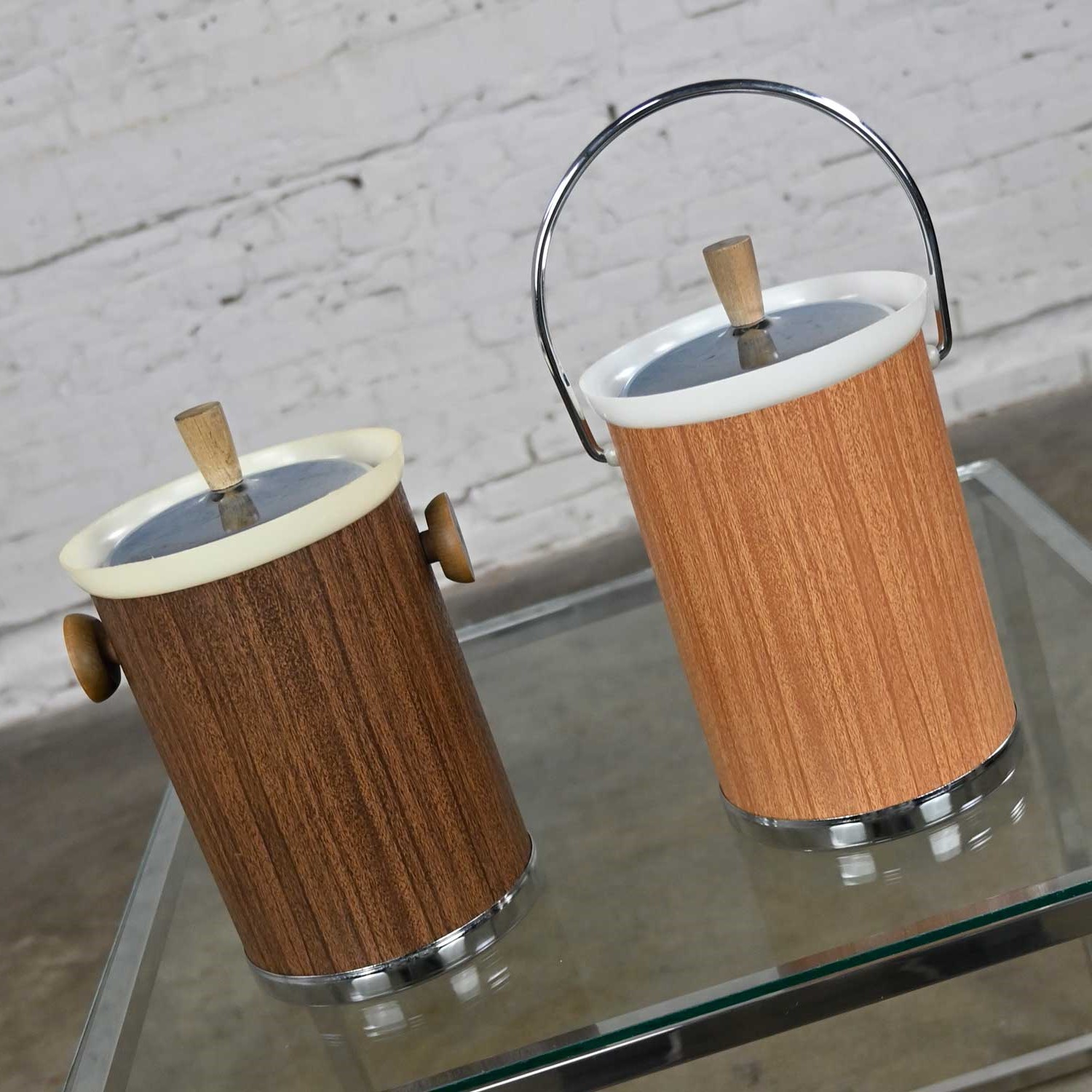 Vintage Mid-Century Modern Pair Kromex Ice Buckets 1 Light 1 Dark Woodgrain Textured Metal