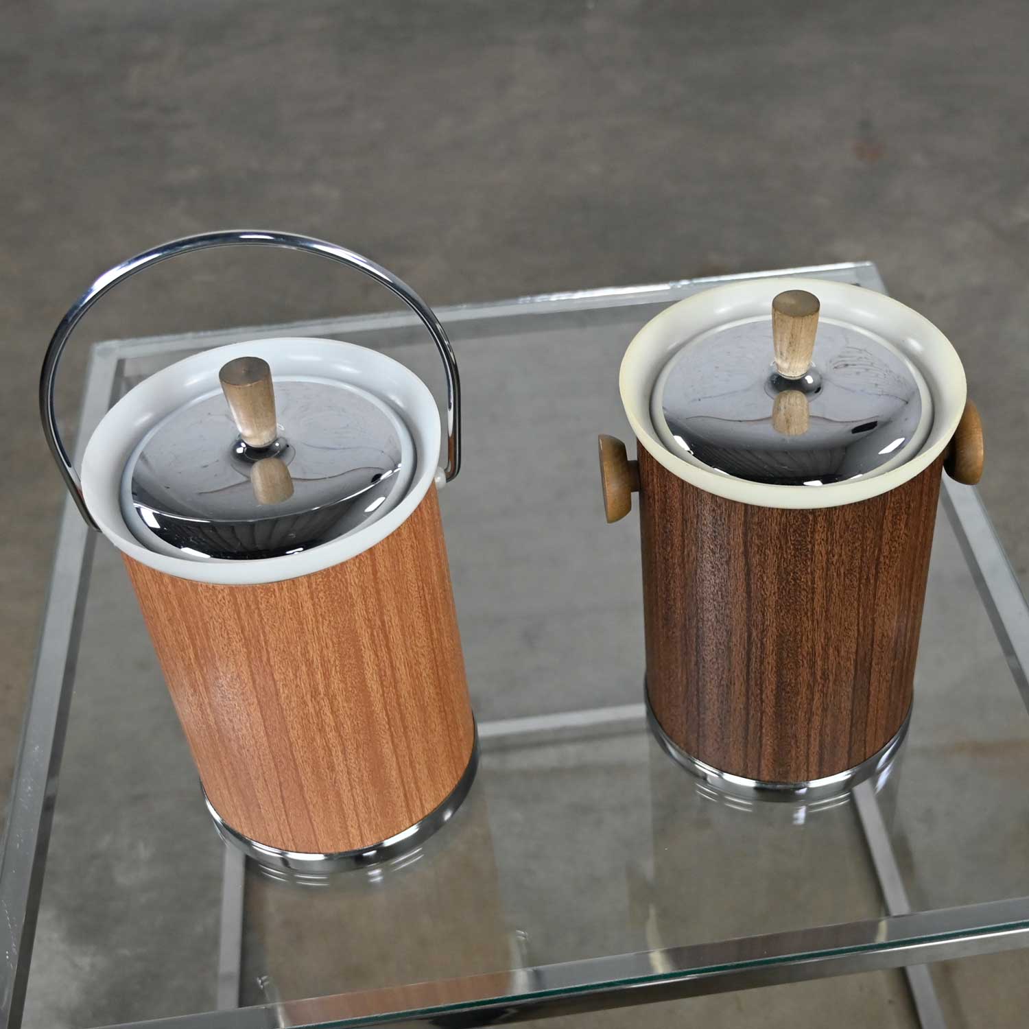 Vintage Mid-Century Modern Pair Kromex Ice Buckets 1 Light 1 Dark Woodgrain Textured Metal
