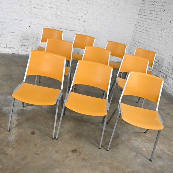 Vintage Aluminum Steelcase Stacking Chairs Model #1278 Yellow Gold Plastic Set of 10