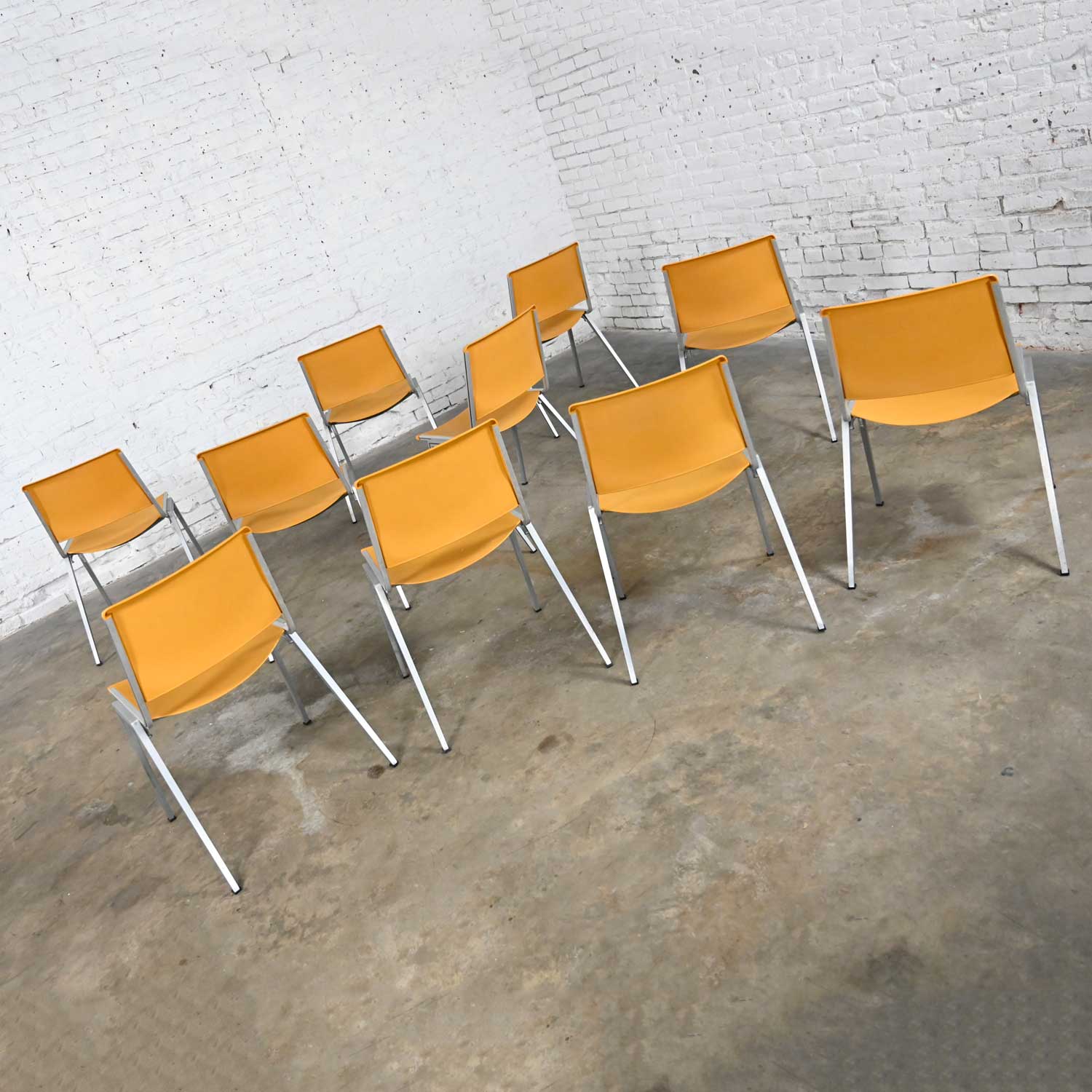 Vintage Aluminum Steelcase Stacking Chairs Model #1278 Yellow Gold Plastic Set of 10