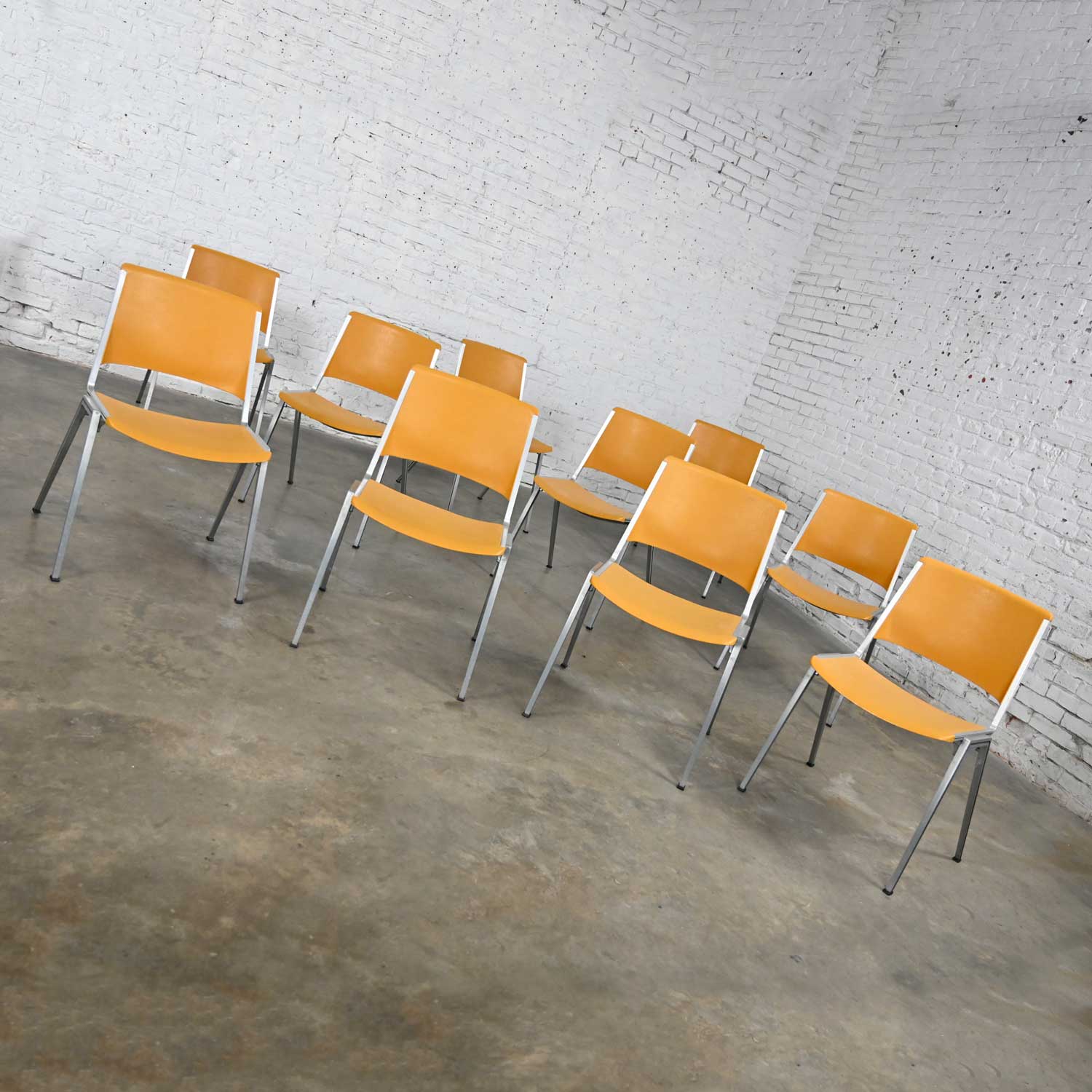 Vintage Aluminum Steelcase Stacking Chairs Model #1278 Yellow Gold Plastic Set of 10