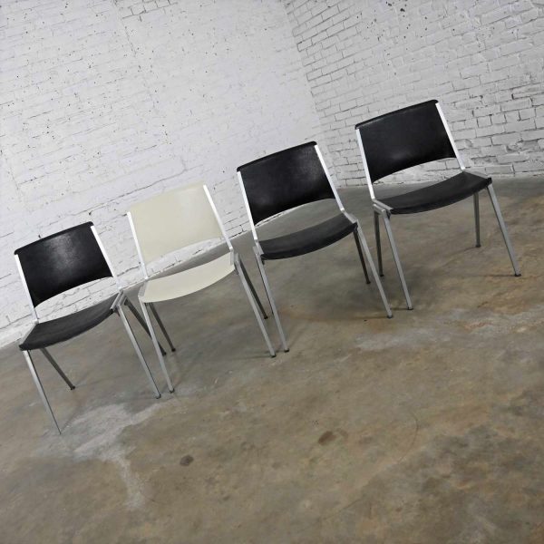 Vintage Aluminum Steelcase Stacking Chairs Model #1278 1 White 3 Black Set of 4