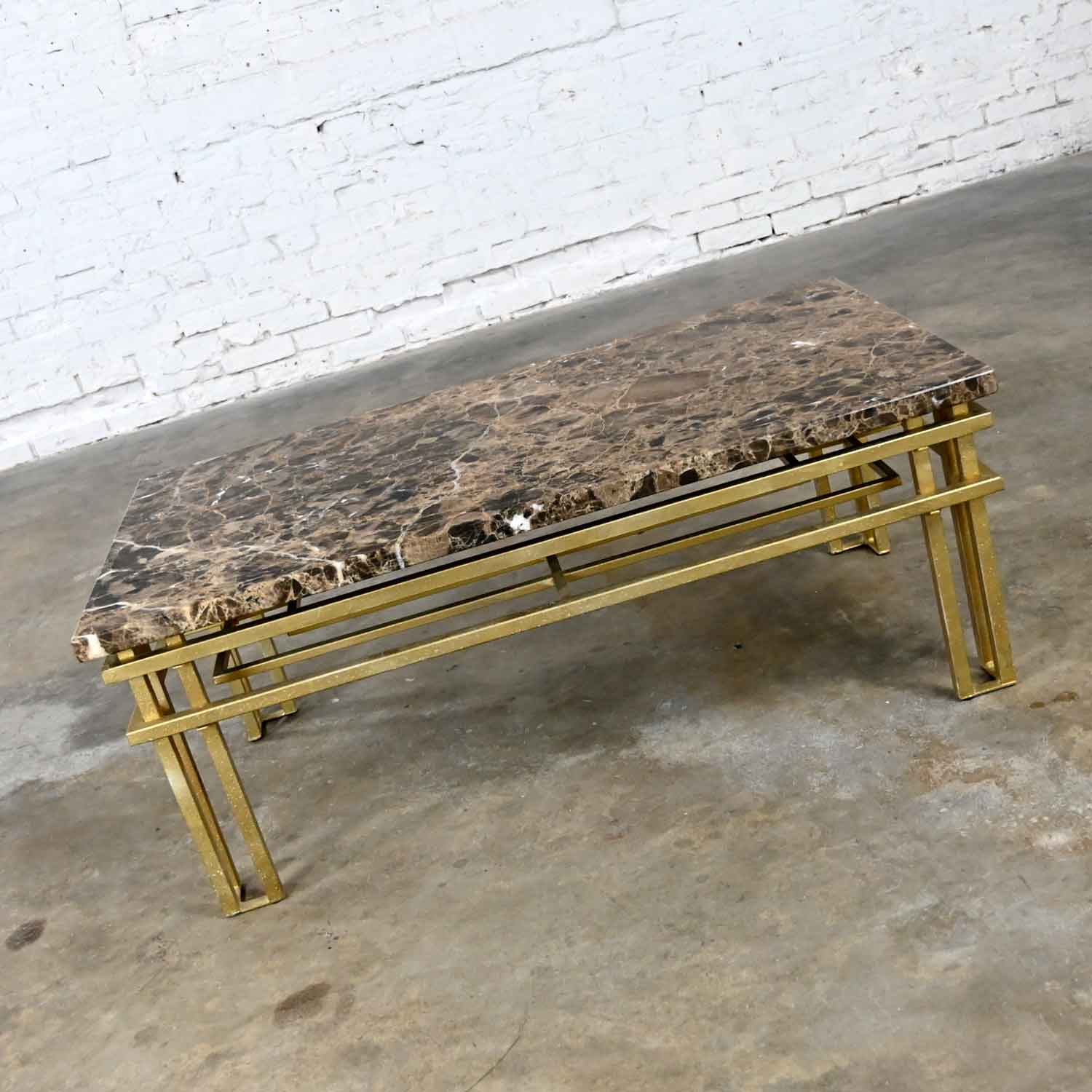 Art Deco Style Gold Painted Steel Tube Rectangle Coffee Table Glass or Brown Marble Top