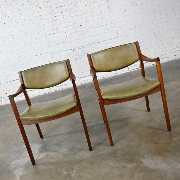 Mid-Century Modern Solid Walnut & Olive Green Faux Leather Chairs by Gunlocke a Pair