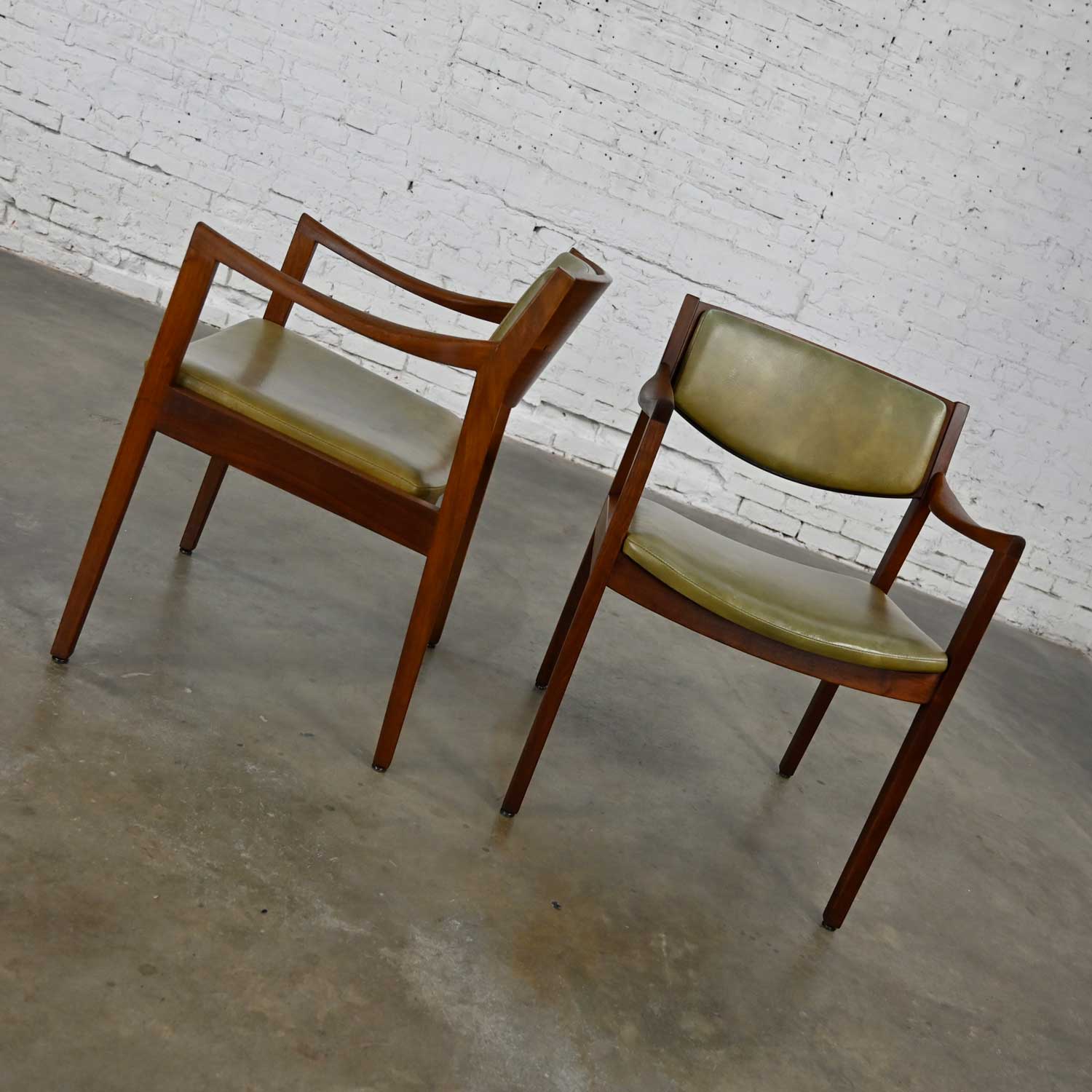 Mid-Century Modern Solid Walnut & Olive Green Faux Leather Chairs by Gunlocke a Pair